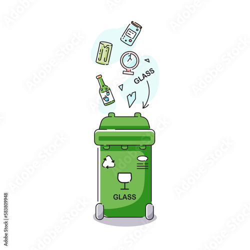 Waste bin for glass. Vector green dustbin for glass recycling. Isolated garbage container icon in cartoon flat style on white background.