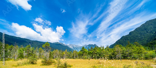                                                                                            Panoramic view of Kamik  chi. Hotaka mountain range and Tashiro wetland - Nagano  Japan