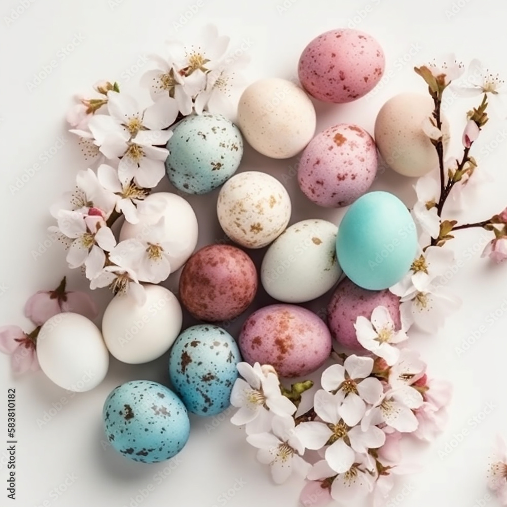 A beautiful Easter background with colorful eggs ready to be served at the festive table. Generative AI
