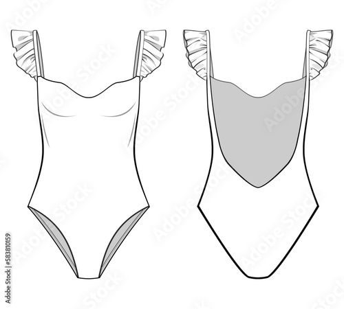 Ruffle Shoulder Bodysuit. Swimsuit technical fashion illustrations. style no.2. Flat bodysuit template front view, back view, white color style. Women, underwear CAD mockup.