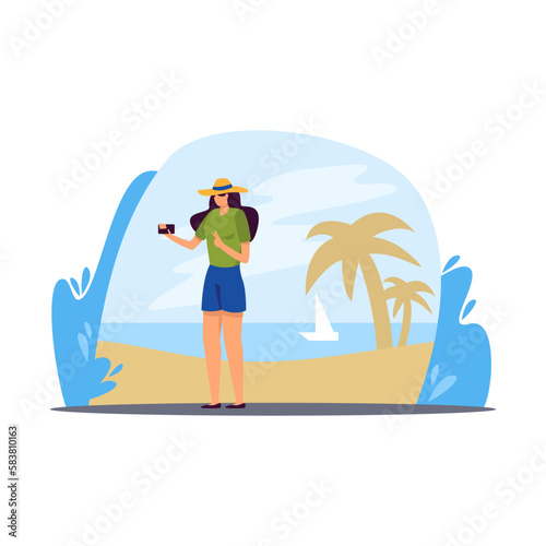 Girl takes selfie near of seaside and palm trees color 2d vector graphic. Young woman enjoys trip and recreation overseas. Tropic vacation, summer voyage flat art, cartoon illustration