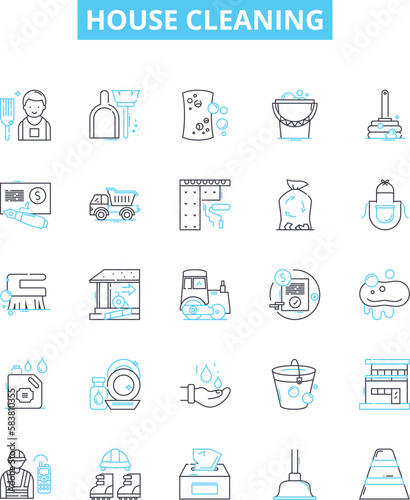 House cleaning vector line icons set. Mop, Vacuum, Dust, Wipe, Sweep, Scrub, Disinfect illustration outline concept symbols and signs