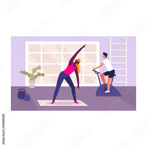 Woman and man in active training color 2d vector graphic. Girl making fitness, guy riding exercise bike in spacious purple gym. Couple sport exercise flat art, cartoon illustration