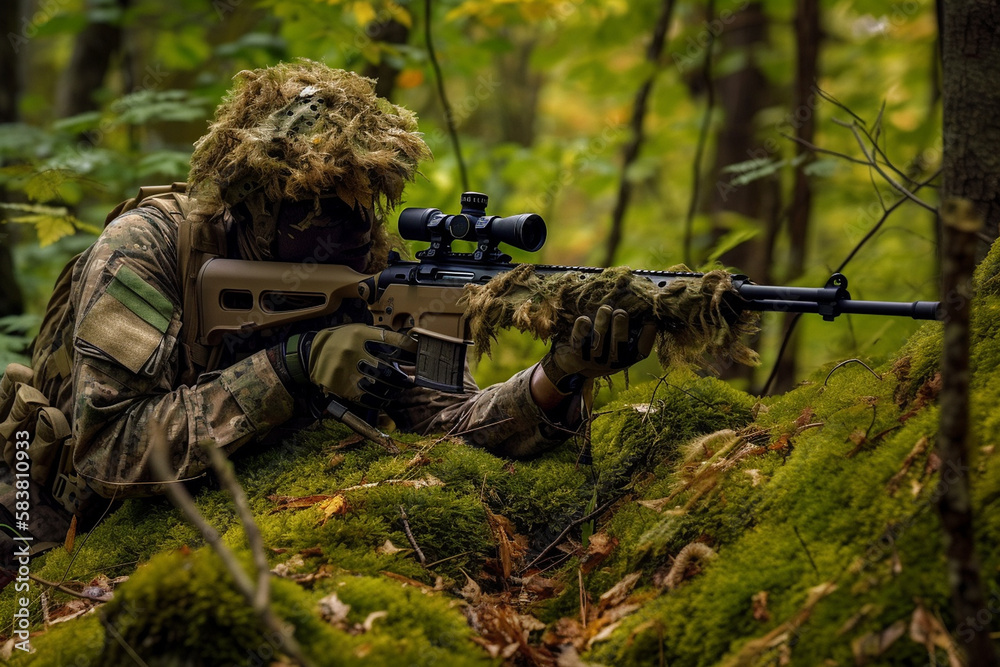 Sniper in forest using modern bolt action sniper rifle, ai generative