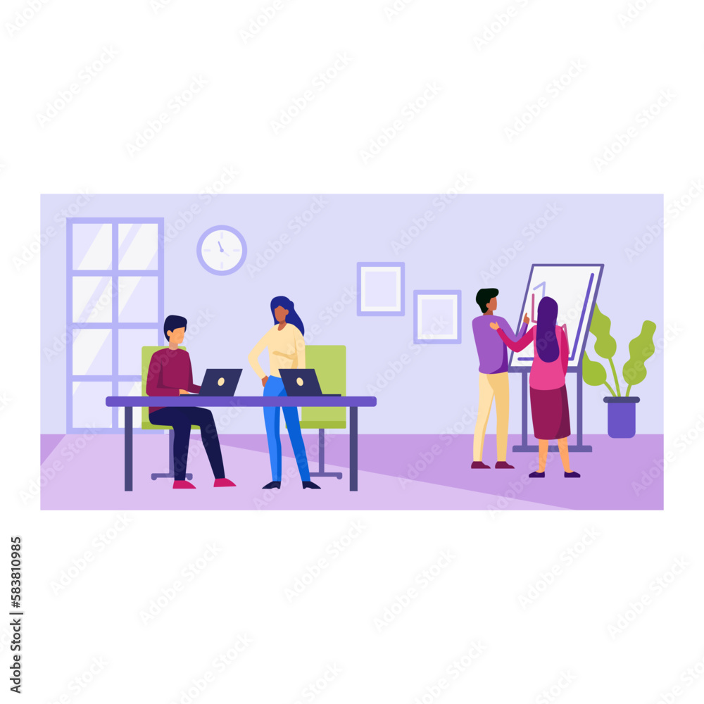Different cartoon characters working together in office. People discussing ideas for new project. Shared working environment. Time for business meeting. Vector Different cartoon characters working together in office. People discussing ideas for new project. Shared working environment. Time for business meeting. Vector