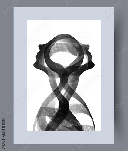 Portrait woman esoteric girl wall art print. Printable minimal abstract woman poster. Wall artwork for interior design. Contemporary decorative background with girl.