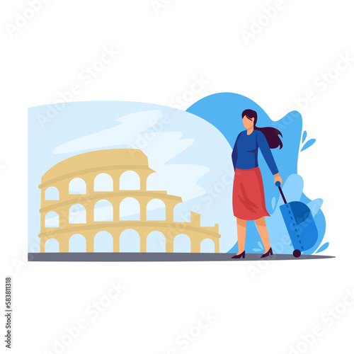 Woman tourist sightseeing Colosseum color 2d vector graphic. Vacation in Italy, trip attractions and popular travel routes. Landmarks in Rome flat art, cartoon illustration