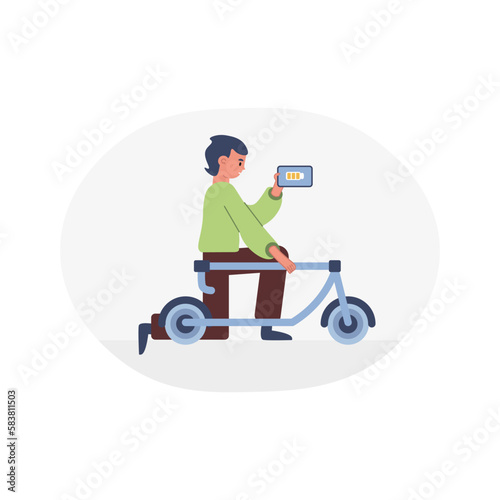 Guy with folding scooter making selfie. Eco transport and clean tech. Modern technology for nature protection, avoiding air pollution. Color vector graphic, flat art, cartoon illustration