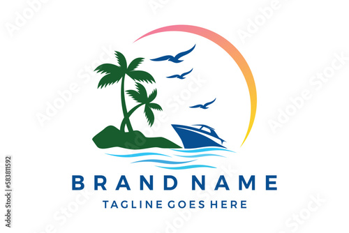 Sea boat and coconut tree beautiful vector logo design