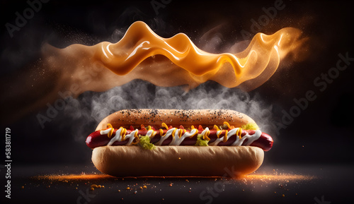 juicy and hot hot dog, studio shot, professional lighting, epic shot with smoke effects