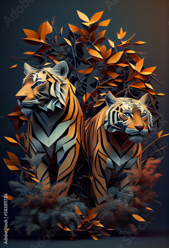 Beautiful geometric Tigers concept, abstract background. Generative AI technology. 