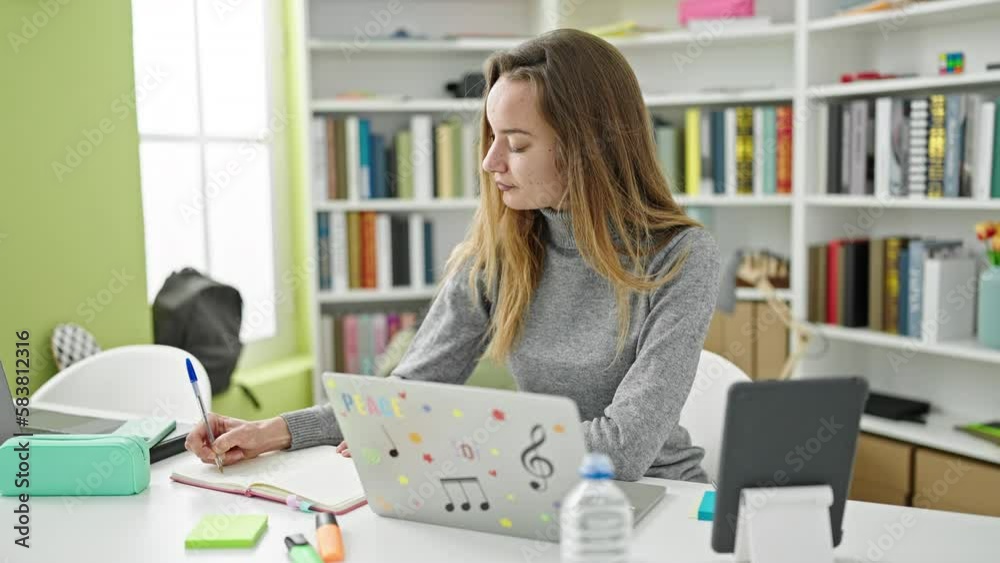 Young caucasian woman student using laptop and touchpad writing on notebook at library university Young caucasian woman student using laptop and touchpad writing on notebook at library university
