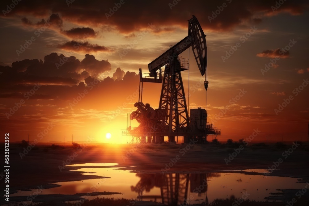 View of the rig that pump oil against sunset. Beautiful colorful 3d picture. Generative AI