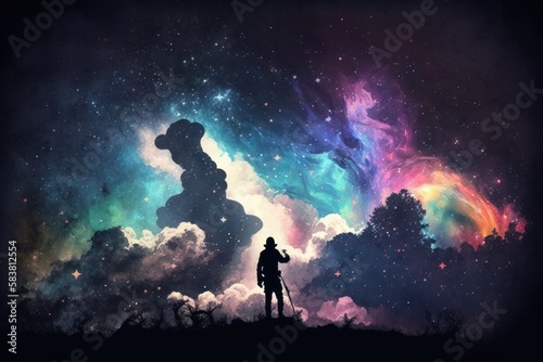 Man is standing and watching. Image of starry background with galaxies. Beautiful illustration picture. Generative AI