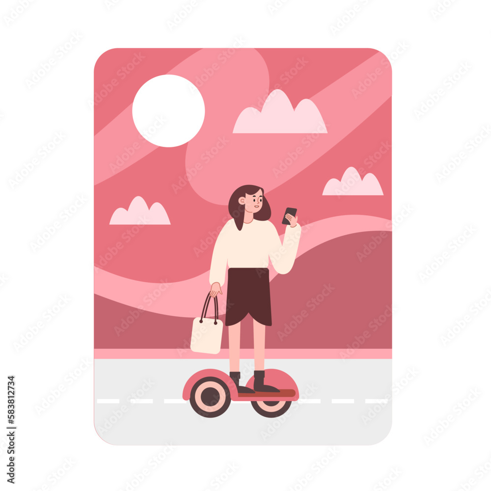 Girl on gyroscooter, modern nature friendly transport. Environment protection, ecology solutions. Speed, mobility and clean tech. Color vector graphic, flat art, cartoon illustration Girl on gyroscooter, modern nature friendly transport. Environment protection, ecology solutions. Speed, mobility and clean tech. Color vector graphic, flat art, cartoon illustration