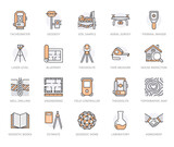 Geodesy flat line icons. Geodetic survey engineering equipment, tacheometer, theodolite, tripod. Geological research vector illustration. Construction service signs. Orange color. Editable Stroke