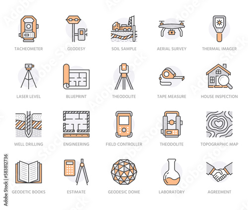 Geodesy flat line icons. Geodetic survey engineering equipment, tacheometer, theodolite, tripod. Geological research vector illustration. Construction service signs. Orange color. Editable Stroke