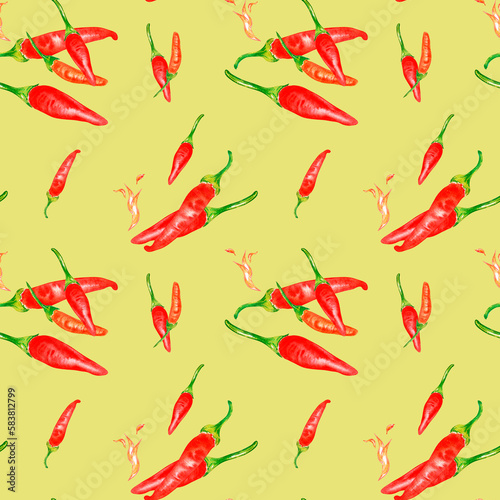 Tabasco hot pepper and flame watercolor seamless pattern isolated on green.