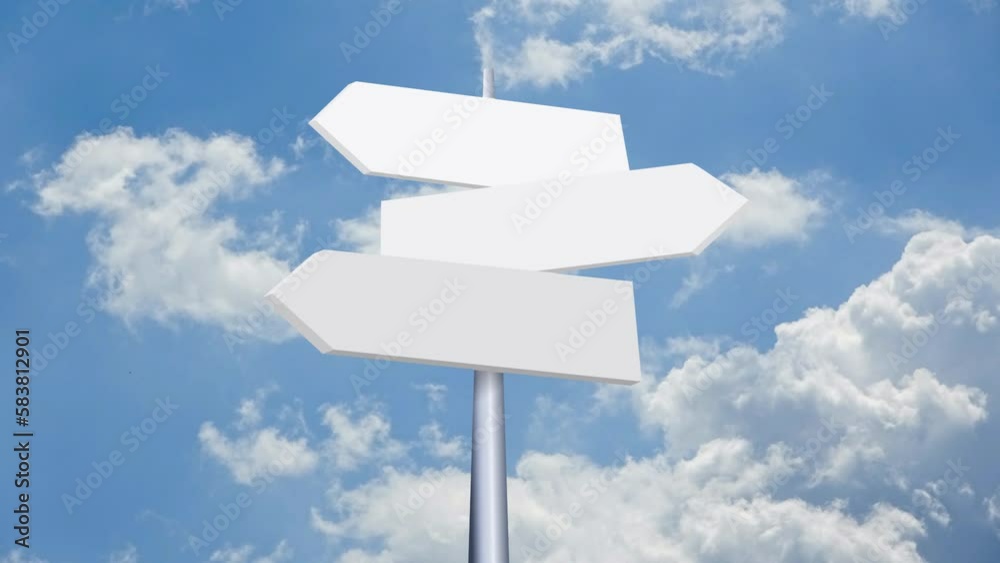 travel destinations options. Direction road sign with white arrows on sky and clouds in movement travel destinations options. Direction road sign with white arrows on sky and clouds in movement