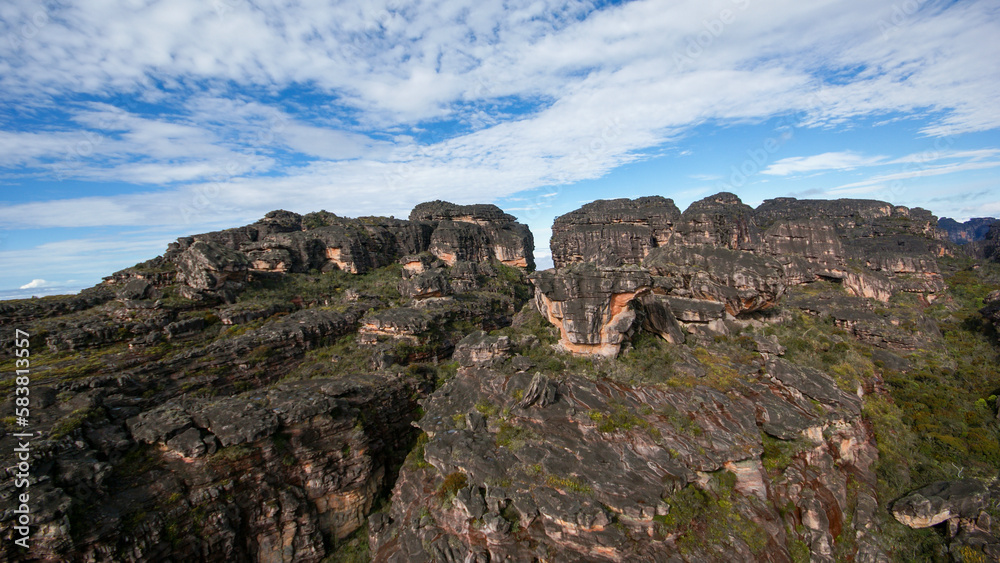 Steep sandstone cliffs on the plateau of Auyan tepui, a famous table mountain in Venezuela