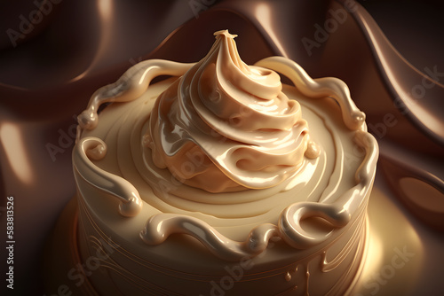 Close up of a creamy whipped cream swirl with copy space. Generative AI technology. 