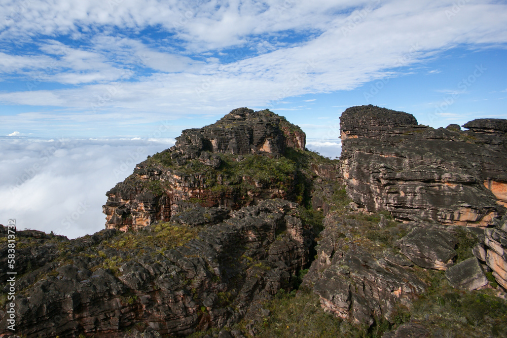 Steep and eroded sandstone cliffs of Auyan tepui, a famous table mountain in Venezuela