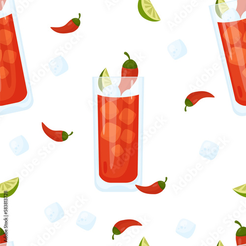 Seamless pattern with Mexican cocktail Vampiro on white background with ice cube, chili peppers and lime slices. Vector illustration. Pattern with latin american drink for wallpaper, print, decor.