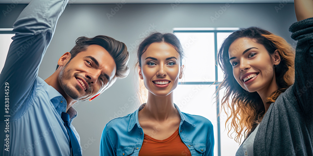 Fototapeta premium Happy coworkers together at work. Productivity and business concept - Generative AI
