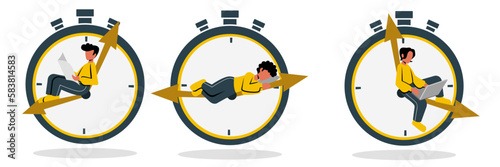 Man with clock time management concept. Productivity, deadline and time to take brake. People read newspaper, sleep and wort on laptop. Vector illustration