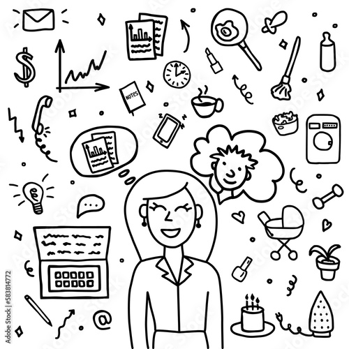 Doodle set on concept of opportunity on the work during motherhood. Maternity and career vector