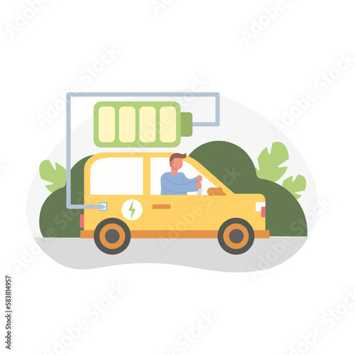 Man in charging car protects environment. Electromobile saves nature green. Alternative eco friendly technology and innovation. Color vector graphic, flat art, cartoon illustration