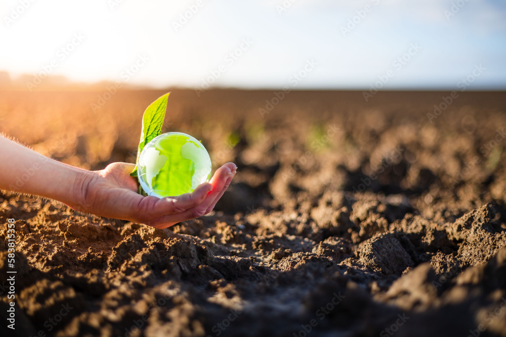 Hand holding glass Earth globe over dry soil. Earth Day environment ...