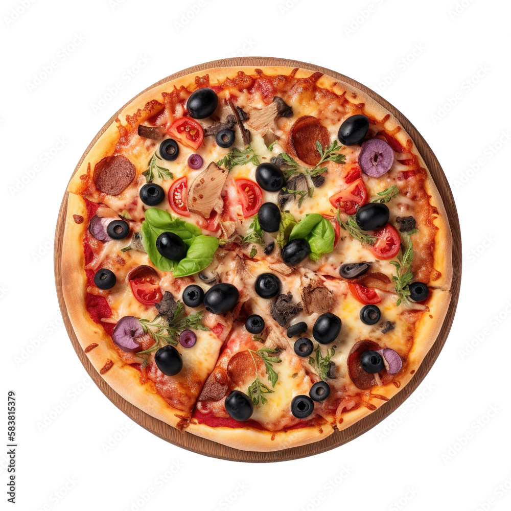 Freshly baked pizza. Isolated collection elements for design. AI generated. Top view, flatlay. Transparent PNG background. Freshly baked pizza. Isolated collection elements for design. AI generated. Top view, flatlay. Transparent PNG background.