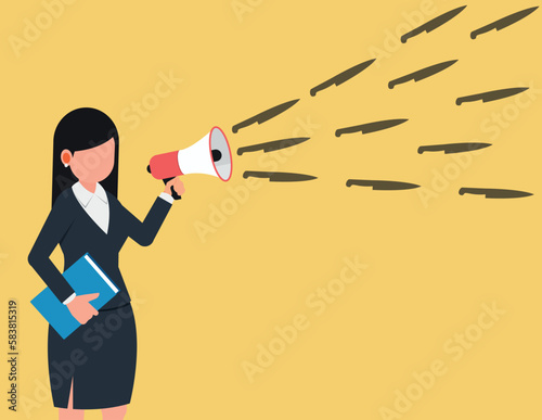 Speak without thinking and slander.  Business woman holding a megaphone standing and shouting