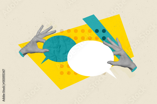 Composite collage picture of two people black white gamma arms fingers hold empty space dialogue communication bubble