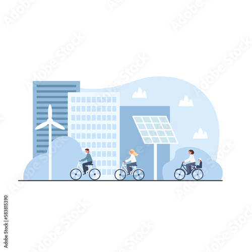 Eco transport and renewable energy in clean town. People on bicycles under windmills and panels. Eco friendly city. Greenhouse effect prevention. Color vector graphic, flat art, cartoon illustration