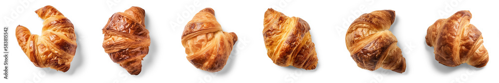 Set fresh croissants. Isolated collection elements for design. AI generated. Top view, flatlay. Transparent PNG background. Set fresh croissants. Isolated collection elements for design. AI generated. Top view, flatlay. Transparent PNG background.