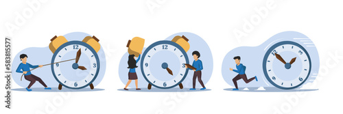 Time management concept in flat style. Man tries hold back flow of time. People are repairing alarm clock. Man runs away from time isolated on white. Vector illustration