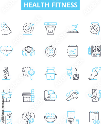 Health fitness vector line icons set. Exercise, Diet, Muscle, Strength, Body, Training, Cardio illustration outline concept symbols and signs