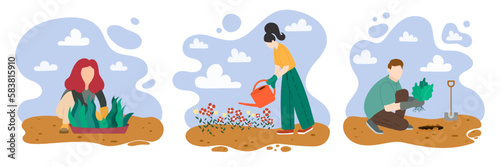 Volunteers care about environment and take care of plants. Set of illustration people work on ground and gardening. Male and female grow and watering organic plants. Vector illustration