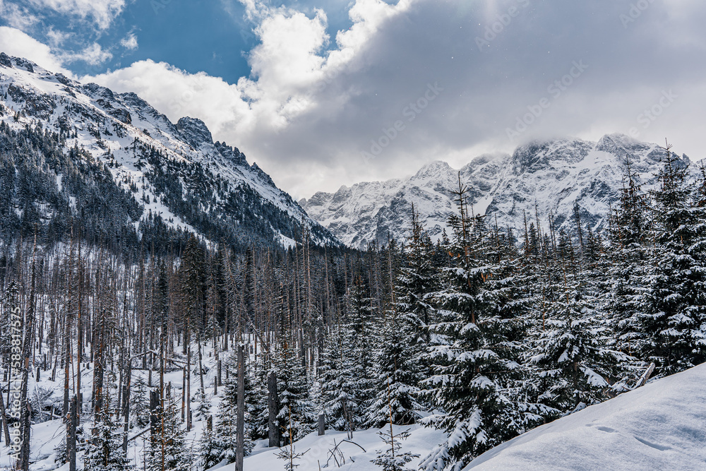 Góry, Tatry Wysokie w rejonie Morskiego Oka zimą w Polsce