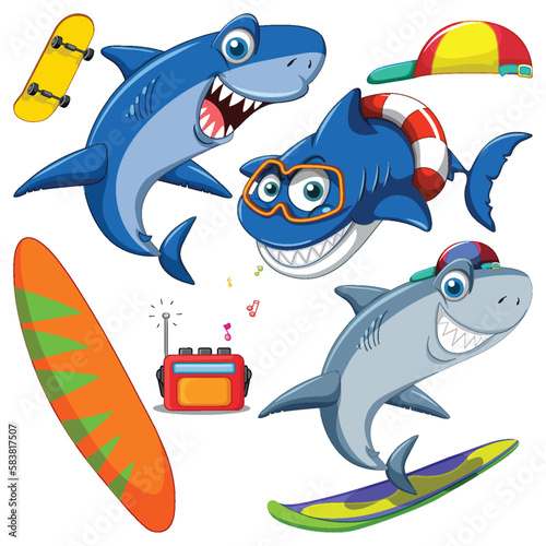 Set of sea creatures cartoon character in summer