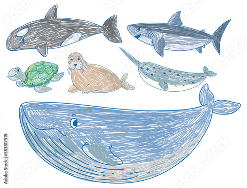 Simple children scribble of sea creatures