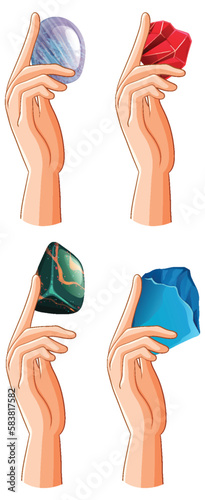 Set of human hands with healing crystals