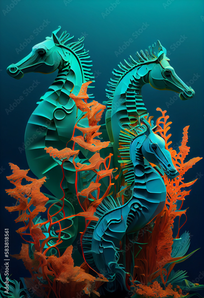 Beautiful geometric Sea horses concept, abstract  background. Generative AI technology.
