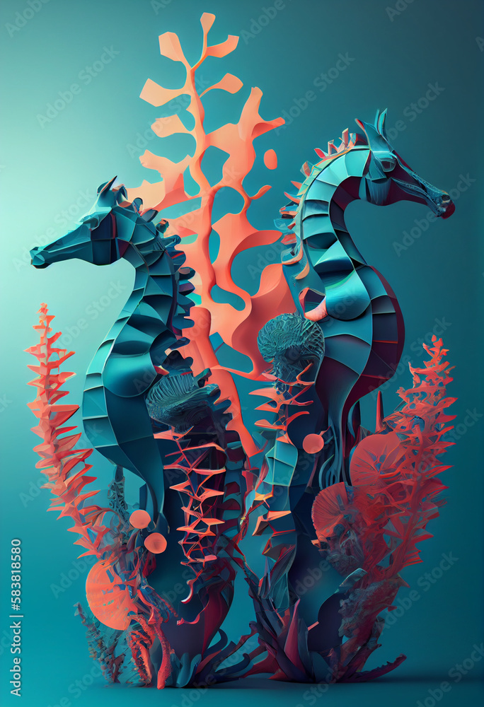 Beautiful geometric Sea horses concept, abstract  background. Generative AI technology.
