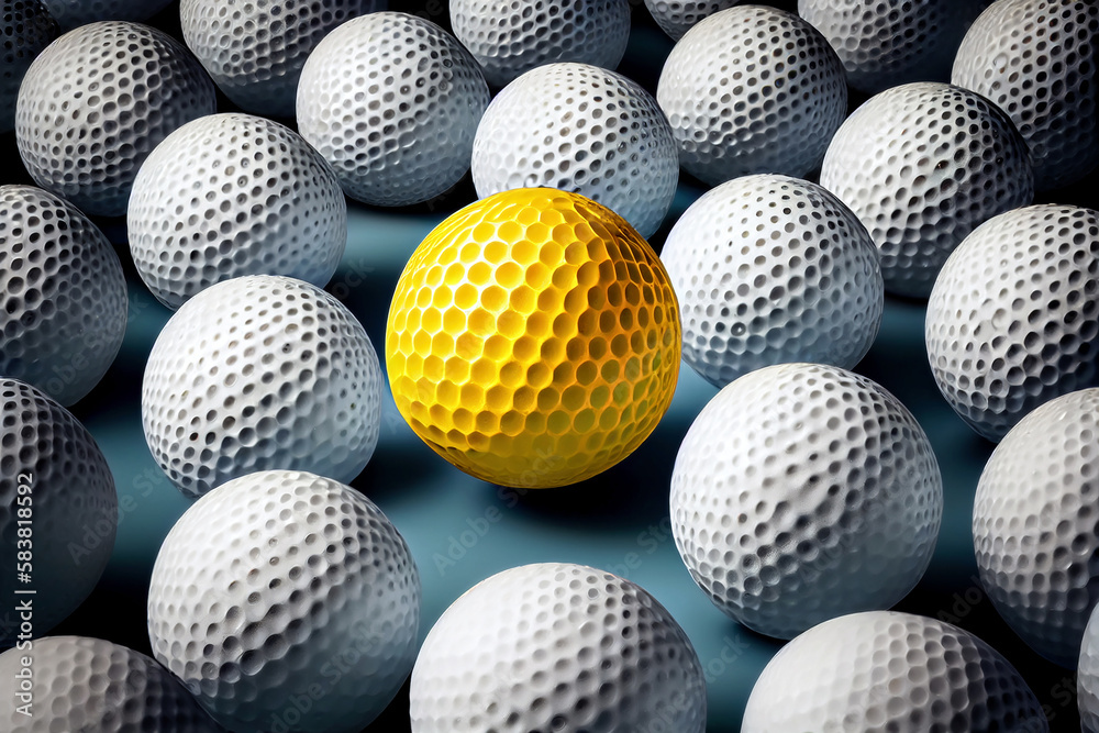 Fototapeta premium A yellow golf ball standing out from the crowd. Individuality cobcept. Generative ai
