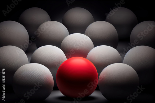 One red ball among many gray spheres on a black background. Diversity concept. Generative ai