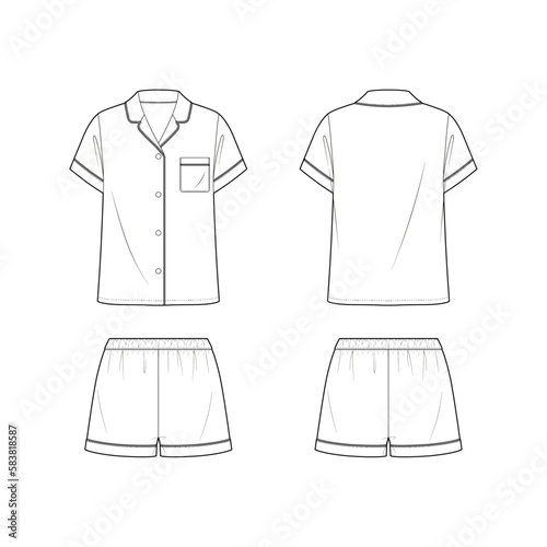 Technical vector sketch of fluid satin homewear. Front and back sketch mock up of pajama sleepwear set. Short sleeve top with notched collar neck. Easy pull on shorts with elasticated waist band.  photo