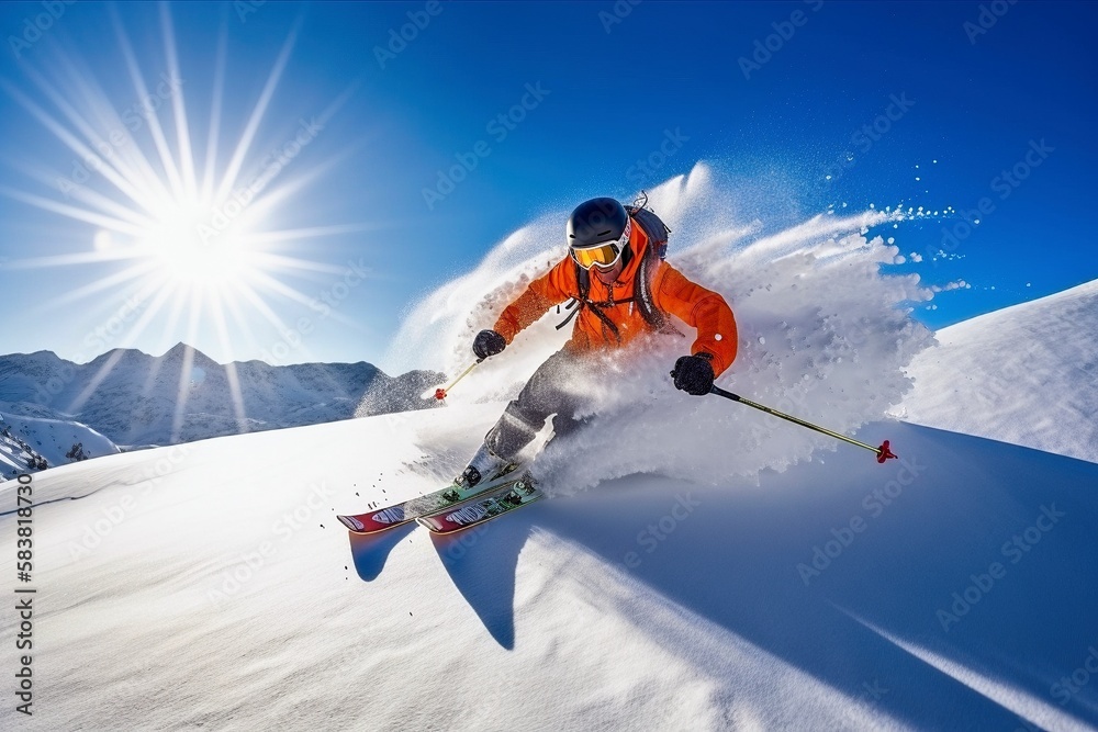Skilled Skier in Action, Carving Through Deep Powder Snow, Pristine Mountain Slope, Generative AI